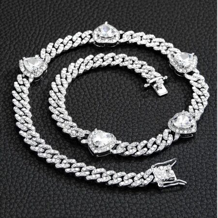 Zircon Cuban Chain Necklace, European Hip Hop Heart Zircon Cuban Chain Necklace for Men Women