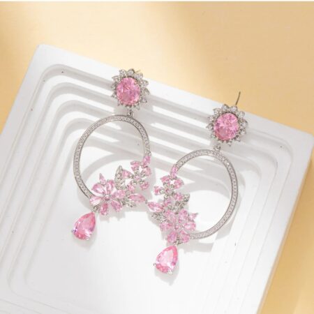 Pink Flowers Dangle Earring with Sterling Silver, Party Earrings For Women