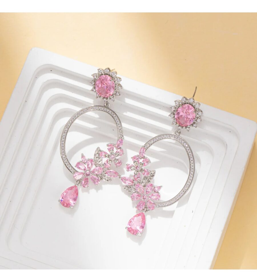 Pink Flowers Dangle Earring with Sterling Silver, Party Earrings For Women