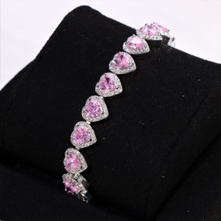 Pink Heart Cut bracelet, Women's Pink Heart Cut Cluster Tennis Bracelet White Gold.